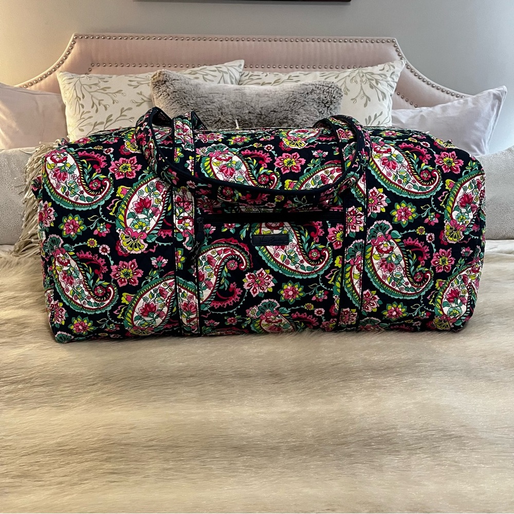 Vera Bradley Black Pink Green Paisley Quilted Travel Duffel